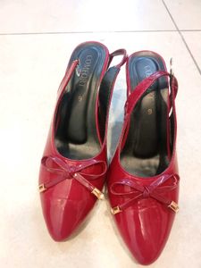 Shiny Red Slingback Heels with Bow