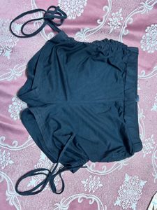 Black Ruched Mini Skirt with Tie Detail