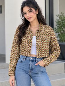 Cropped Geometric Print Denim  Jacket