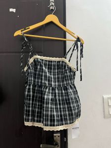 Chic Plaid baby doll top with lace detailing🎀