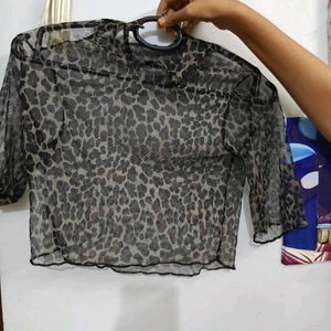 Sheer Leopard Print Mock Neck Top
