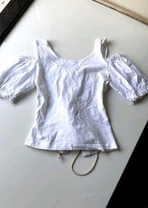 Women's White Cold Shoulder Lace-Up Blouse