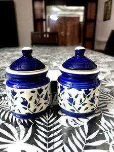 Set of 2 Blue Floral Ceramic Jars with Tray