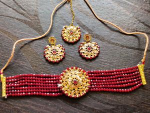 Stunning Red Beaded Choker Necklace Set