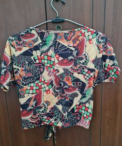 Vibrant Butterfly Print Tie-Front Top