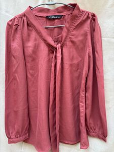 Chic Rose Pink Tie Neck Blouse