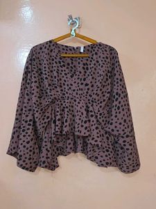 Mauve Black Printed Peplum Ruffle Top