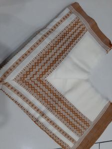 White Kutchi Handcrafted Shawl With Orange Pattern