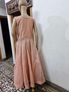 Peach Chanderi Silk Full Flair Gown with Leggings