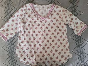 White Kurta with Pink Floral Print