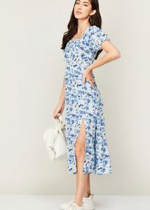 Floral Print Puff Sleeve Midi Dress