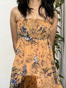 Strapless Floral Print Midi Dress
