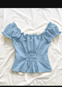 Cute Blue Off-Shoulder Tie-Front Top