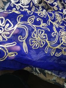 Navy Blue Golden Embroidered One Mtre Cloth💙