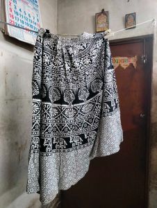Red Kurta With Black &amp; White Printskirt.