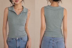 Ribbed Collared Sleeveless Top