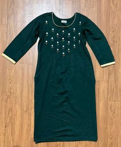 Dark Green Embroidered Winter Kurta