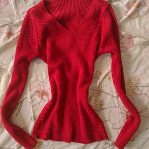 2 Ribbed V-Neck Long Sleeve Tops [BLUE+RED]