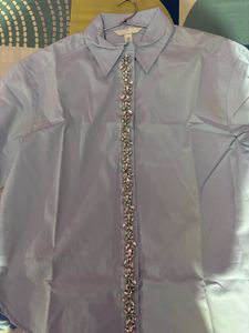 Light Blue Embellished Button Down Shirt