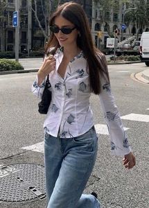 Korean Premium Chic White Rose Print Button-Up Shi