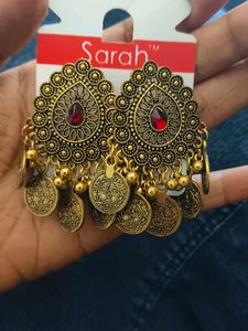 Oxidised Gold Jhumka Earrings with Red Stone