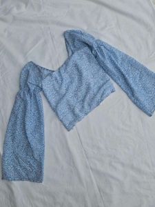 Blue Floral Print Bell Sleeve Top