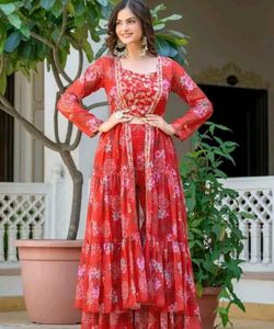 Red Floral Print Lehenga Choli Set
