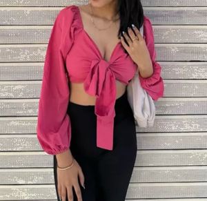 Pink Sweetheart Neck Tie-Front Crop Top