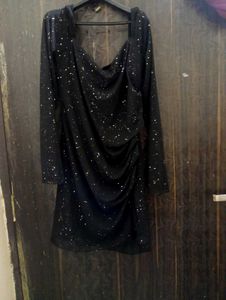 black glitter starry cawl neck mini dres