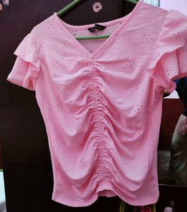 Chic Pink Ruched Eyelet Top