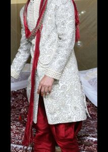 Wedding Sherwani Men Manyavar Red, White & Cream