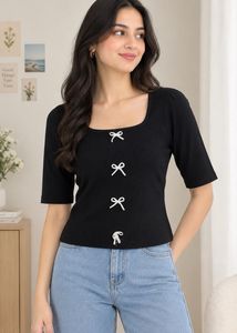Chic Black Ribbed Square Neck Top