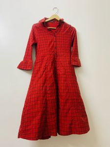 COTTINFAB Red Checked Shirt Dress