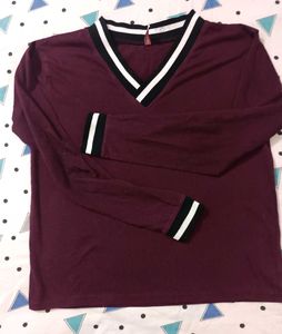 Maroon V-Neck Striped Trim Top