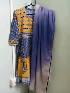 Elegant Blue & Gold Print Kurti With Dupatta