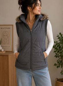 Puffer Vest with Fur Hood in y2k style