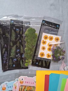 dried flower, stickers, papers