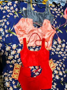 3 Indian Ethnic Blouses - Red, Peach, Grey