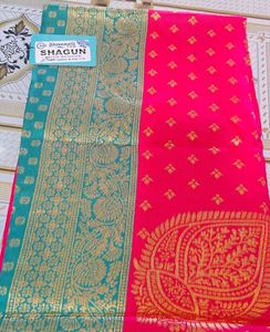 Beautiful Pink Silk Saree with Teal Border