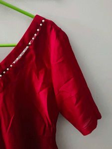 Red Kurta with Pearl Detail