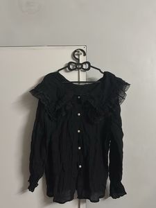 Elegant Black Ruffled Collar Blouse