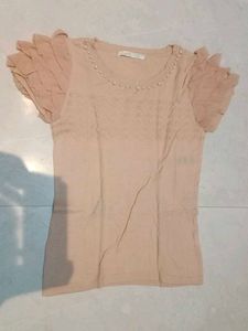 Beige Beaded Short Sleeve Top