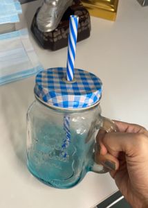 Blue Mason Jar With Straw