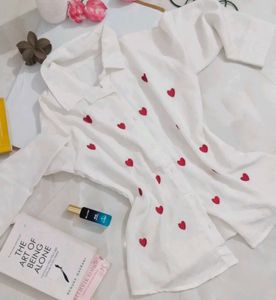 White Heart Print Collared Shirt