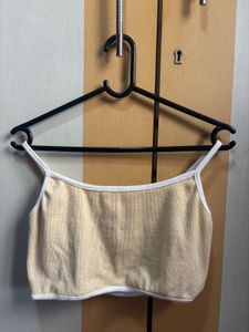 Tan Ribbed Crop Top with White Trim