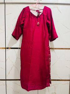Wine Red Embroidered Kurti with Dupatta