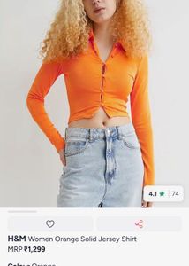 H&M Orange Ruched Button-Up Shirt