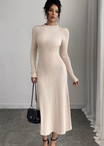 Elegant Beige Ribbed Midi Dress size L
