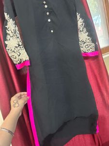 Elegant Black Kurta with Pink &amp; White Embroidery
