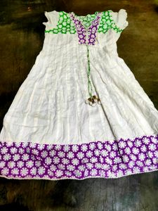 White Cotton Anarkali Kurti with Purple & Green Em